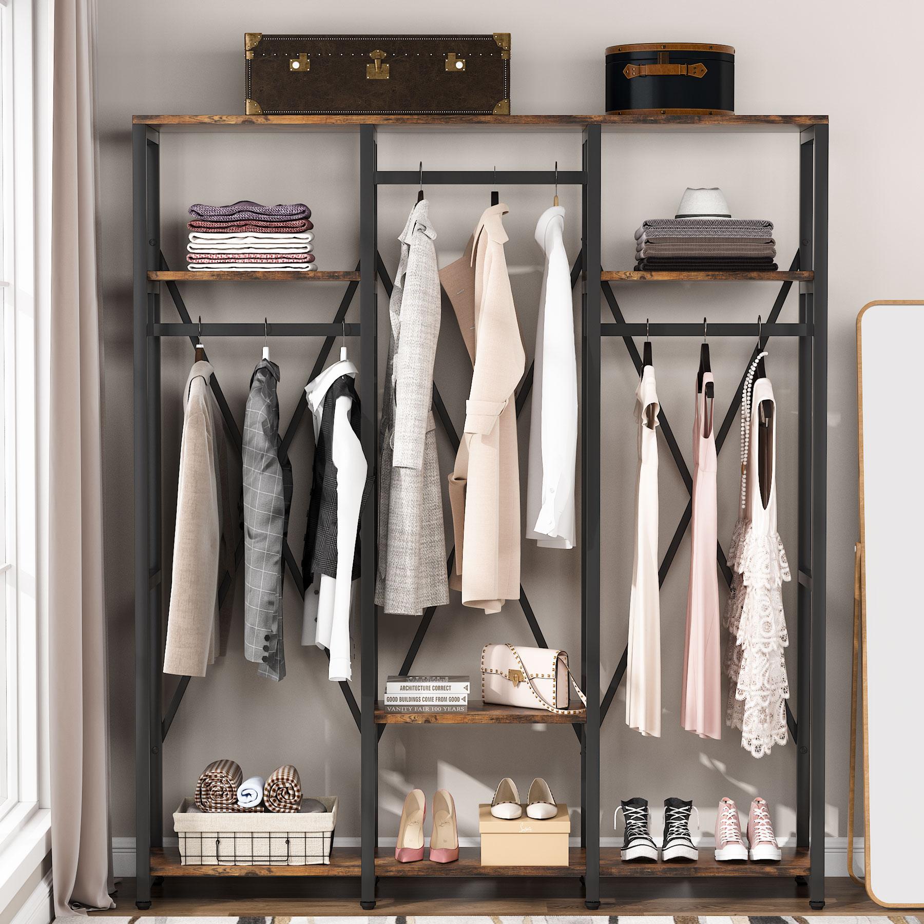 Garment Rack, Heavy Duty Freestanding Closet Organizer Systems With Shelves, Open Wardrobe Closet