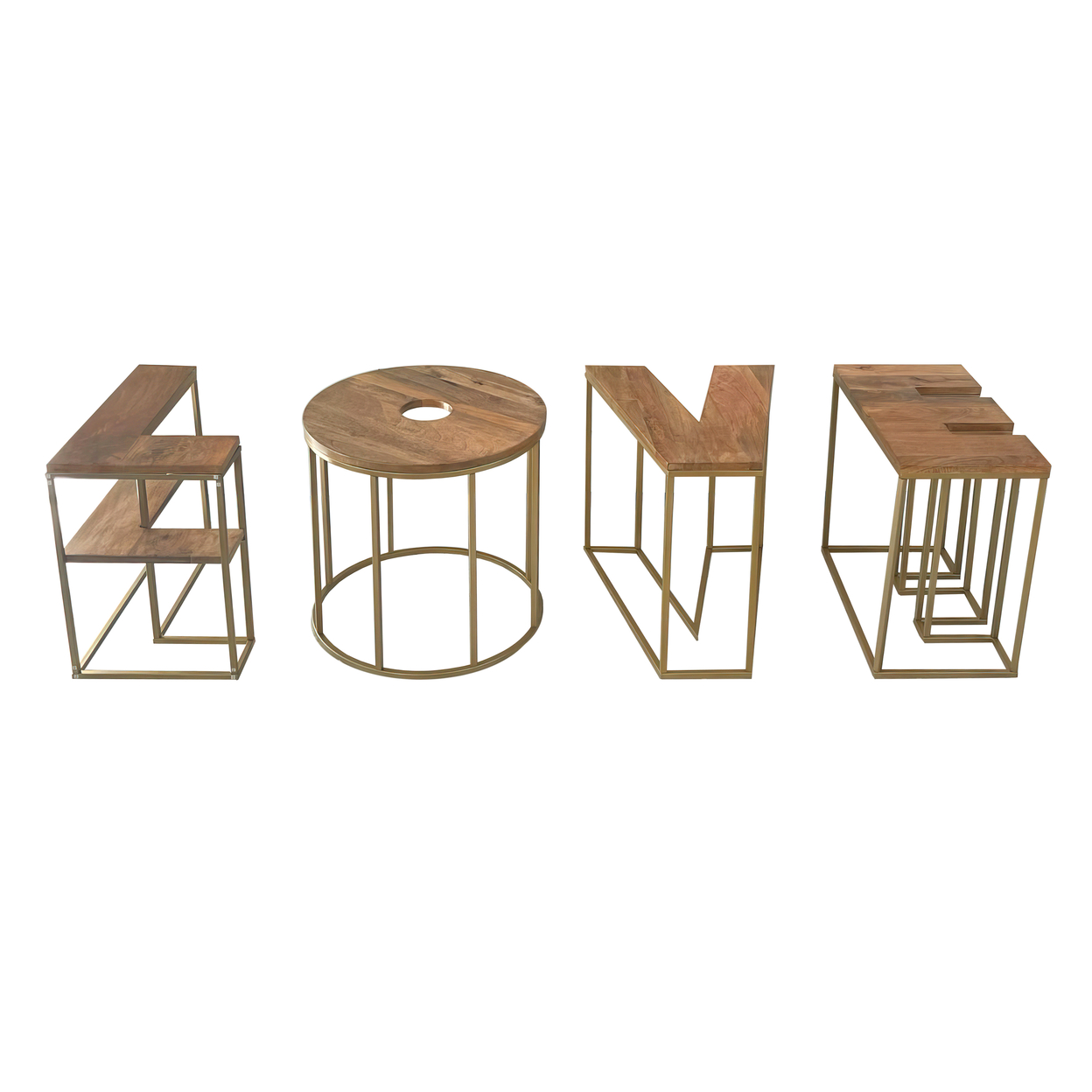 LOVE Alphabet Design 4pc Coffee Table Set, Brown Mango Wood Top, Antique Brass Base -Saltoro Sherpi