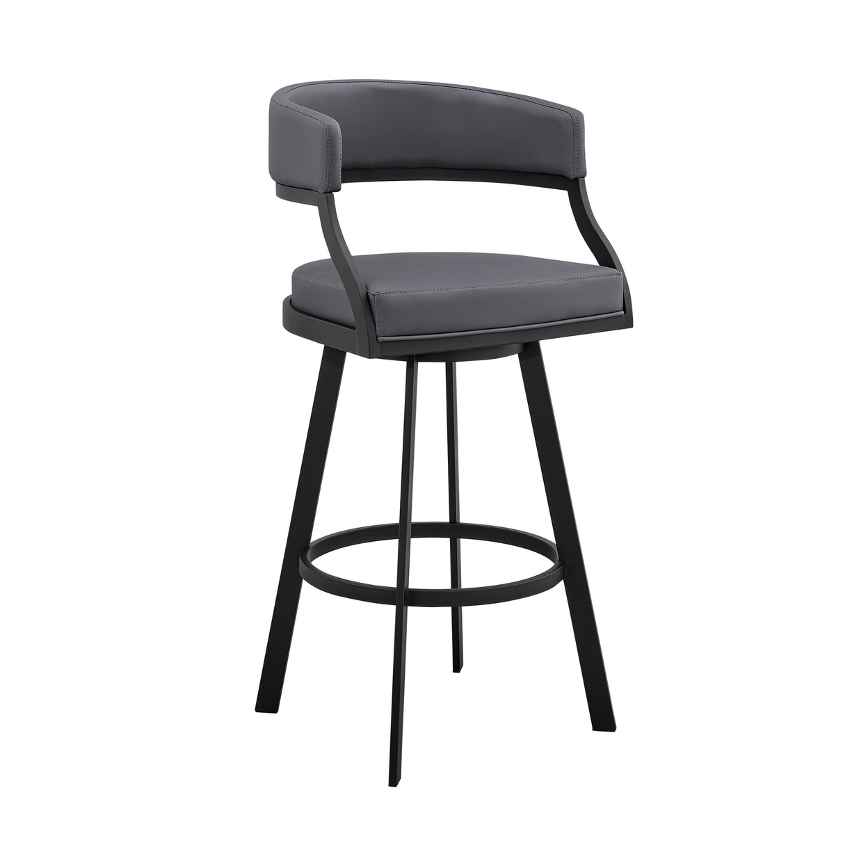 Ava 30 Inch Modern Swivel Bar Stool Chair, Round Gray Faux Leather Seat- Saltoro Sherpi