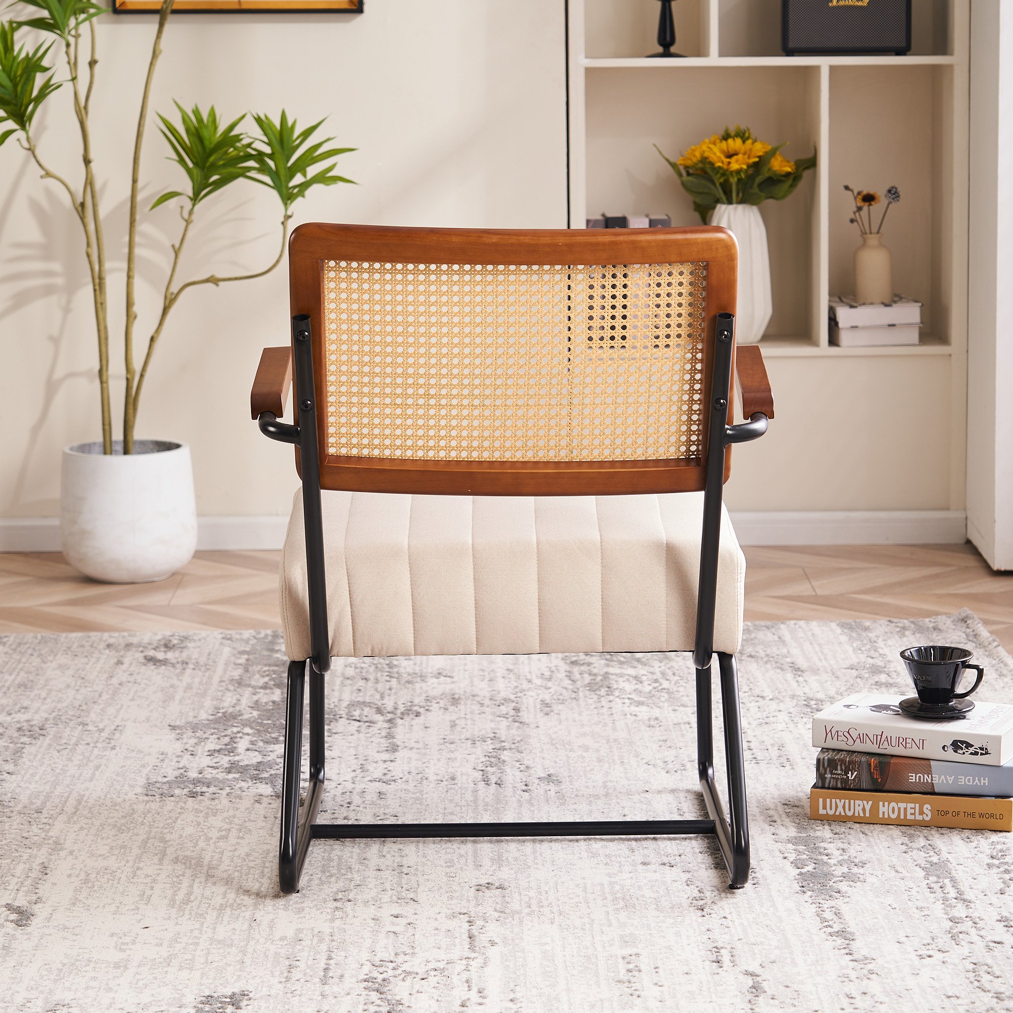 Teddy Upholstered Modern Accent Chair Rattan Accent Chair With Cane Backrest And Metal Frame, Mid Century Modern Armchair, Single Sofa