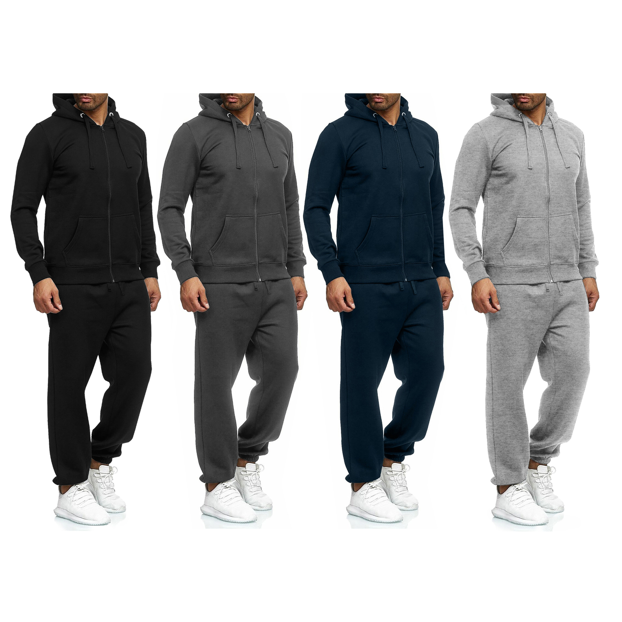 2-Pack: Men's Casual Big & Tall Athletic Active Winter Warm Fleece Lined Full Zip Tracksuit Jogger Set - Navy, Large
