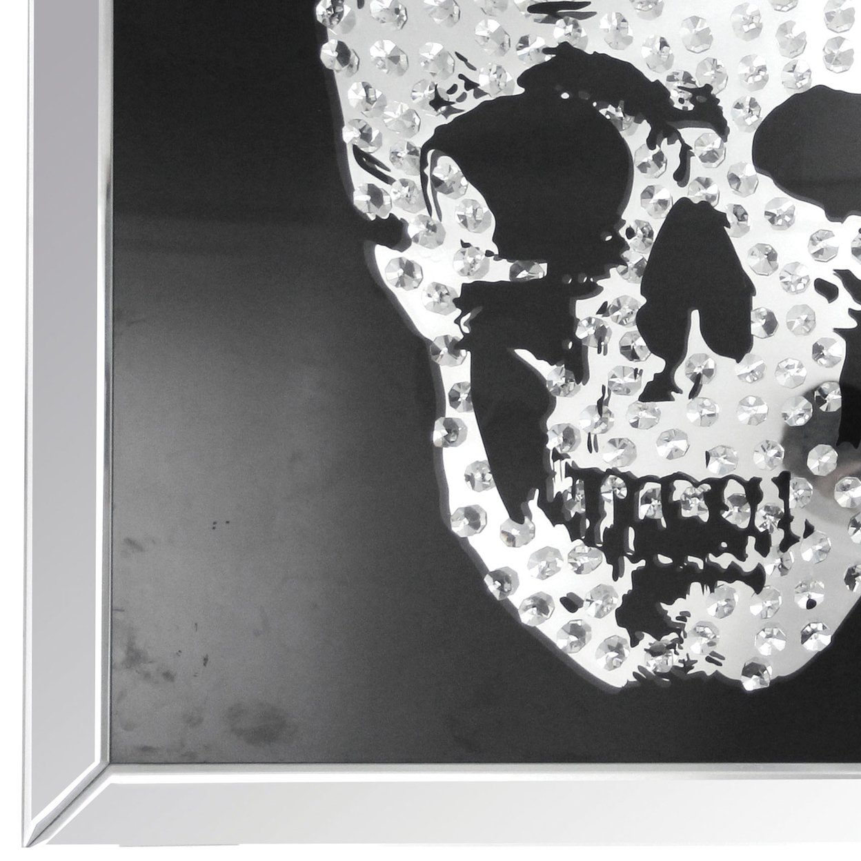 Square Shape Mirror Framed Skull Wall D???cor With Crystal Inlays, Black & Silver- Saltoro Sherpi