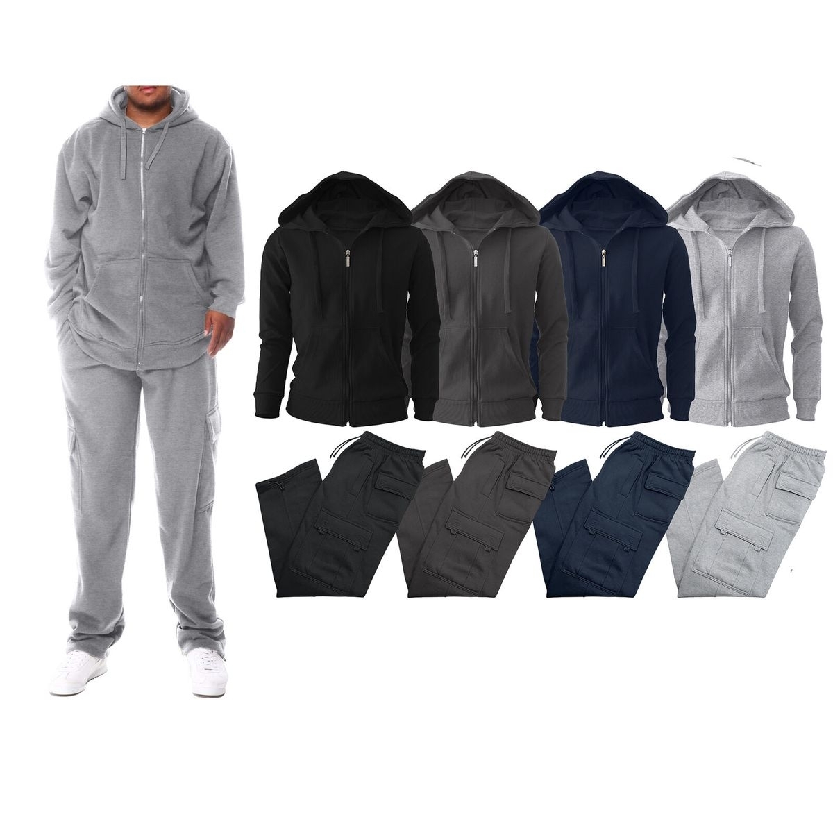 2-Pack: Men's Big & Tall Winter Warm Athletic Active Cozy Fleece Lined Multi-Pocket Full Zip Up Cargo Tracksuit - Black, Medium