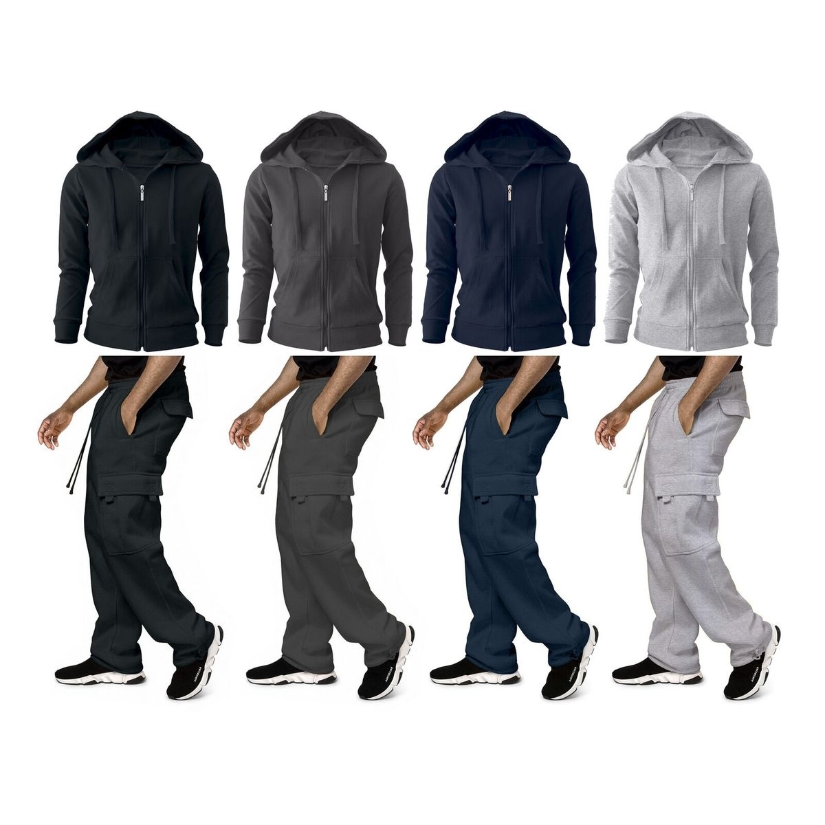 2-Pack: Men's Big & Tall Winter Warm Athletic Active Cozy Fleece Lined Multi-Pocket Full Zip Up Cargo Tracksuit - Grey, Medium