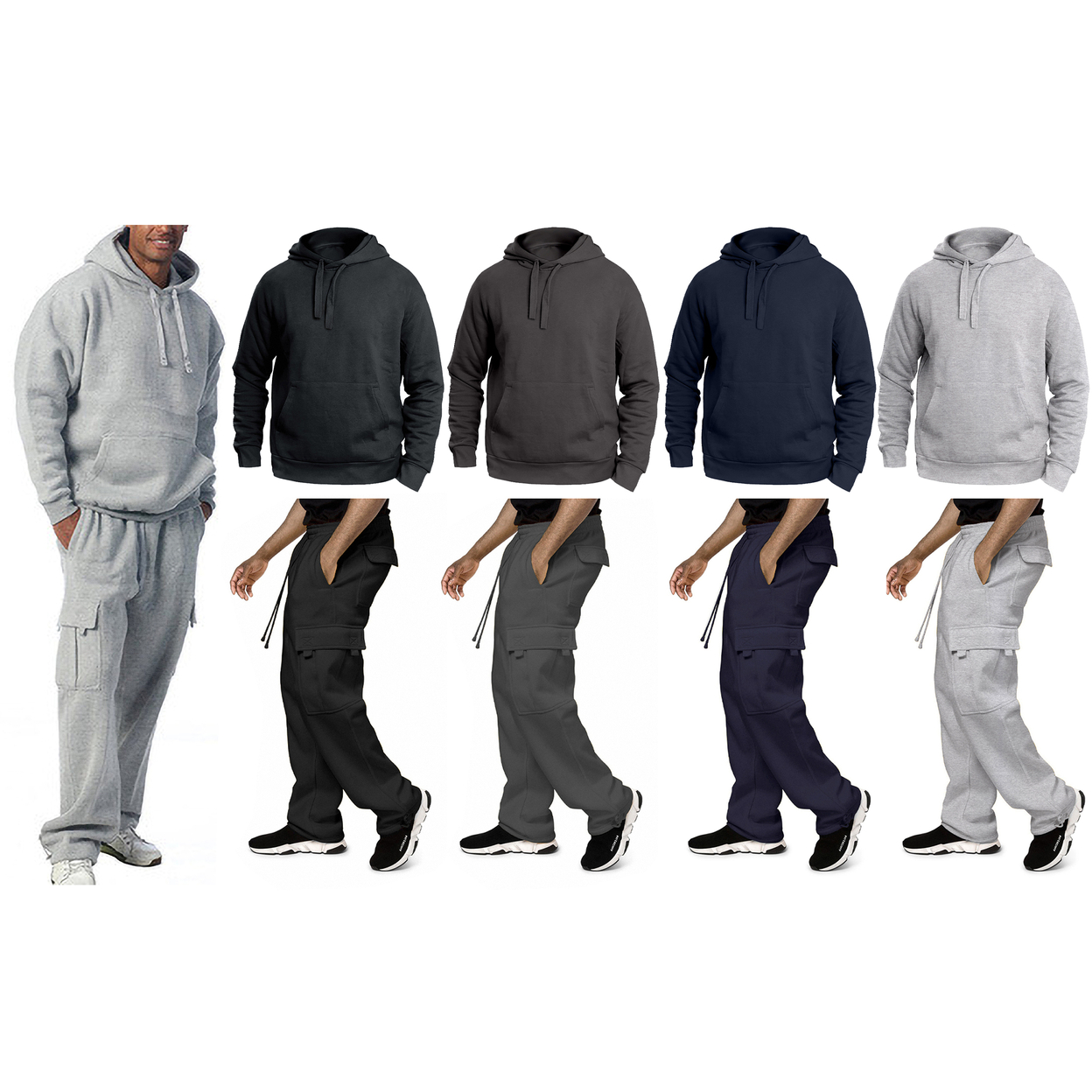 2-Pack: Men's Big & Tall Winter Warm Cozy Athletic Fleece Lined Multi-Pocket Cargo Sweatsuit - Charcoal, Small