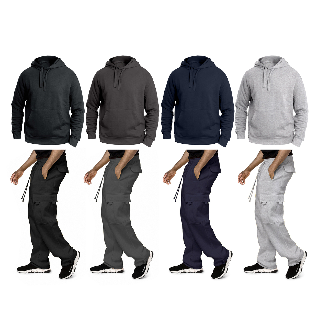 Men's Big & Tall Winter Warm Cozy Athletic Fleece Lined Multi-Pocket Cargo Sweatsuit - Black, X-large