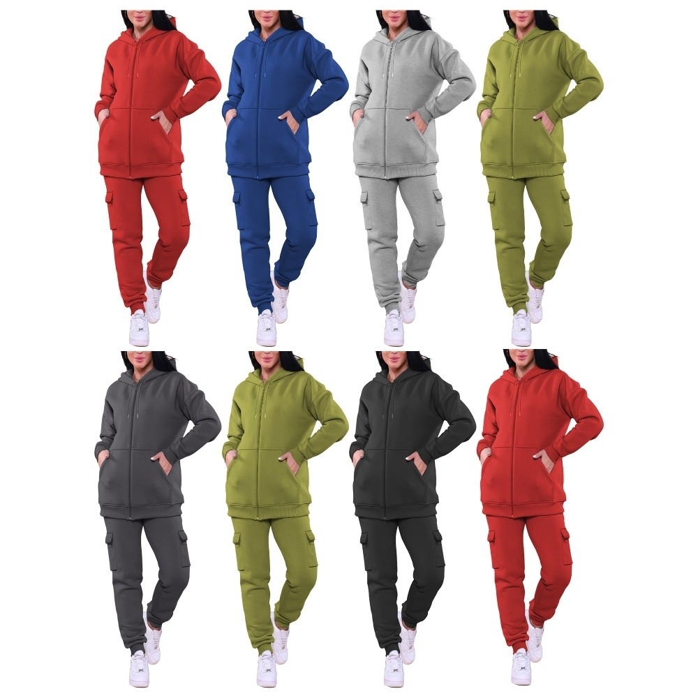 2-Pack: Women's Ultra-Soft Cozy Winter Warm Athletic Fleece Lined Full Zip Cargo Sweatsuit Plus Size Available - Red, Small