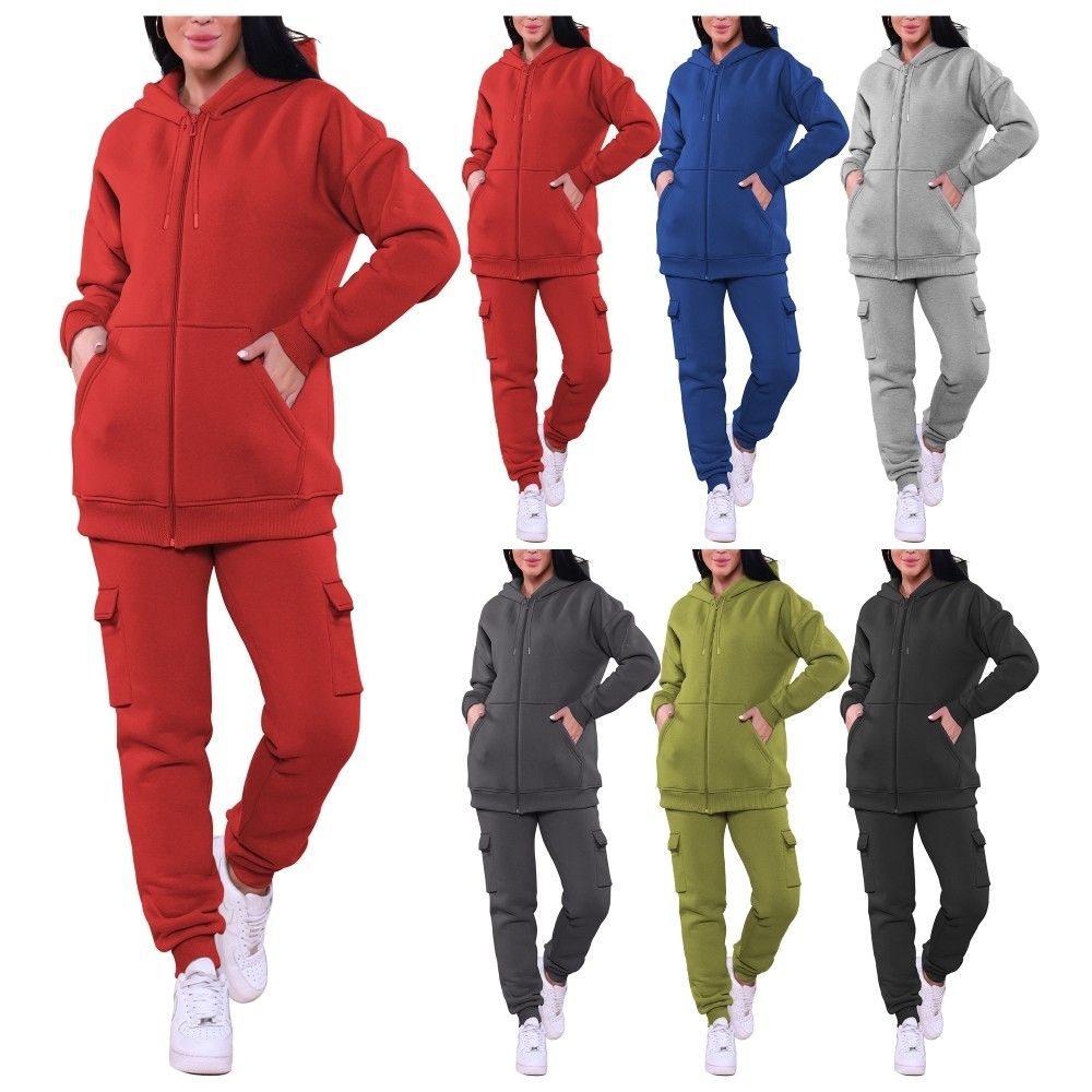 Women's Ultra-Soft Cozy Winter Warm Athletic Fleece Lined Full Zip Cargo Sweatsuit Plus Size Available - Red, Small