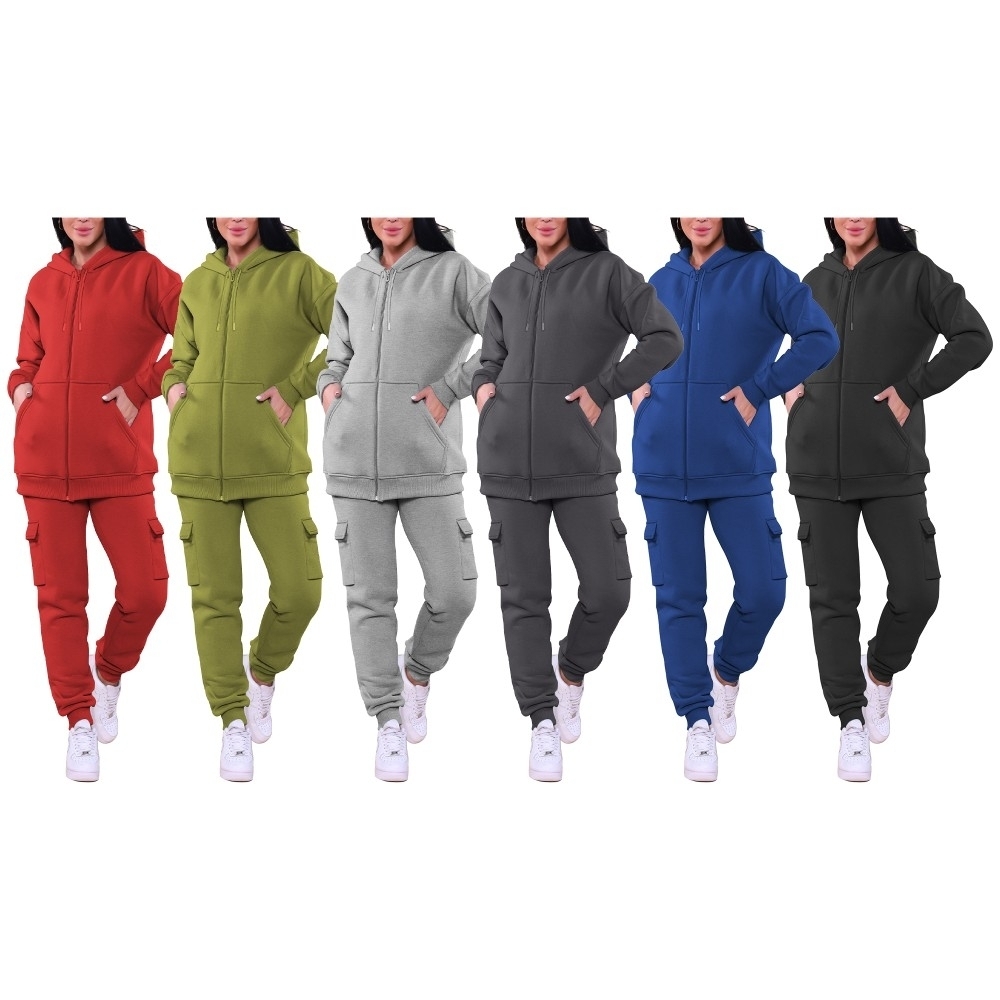 Women's Ultra-Soft Cozy Winter Warm Athletic Fleece Lined Full Zip Cargo Sweatsuit Plus Size Available - Red, X-large
