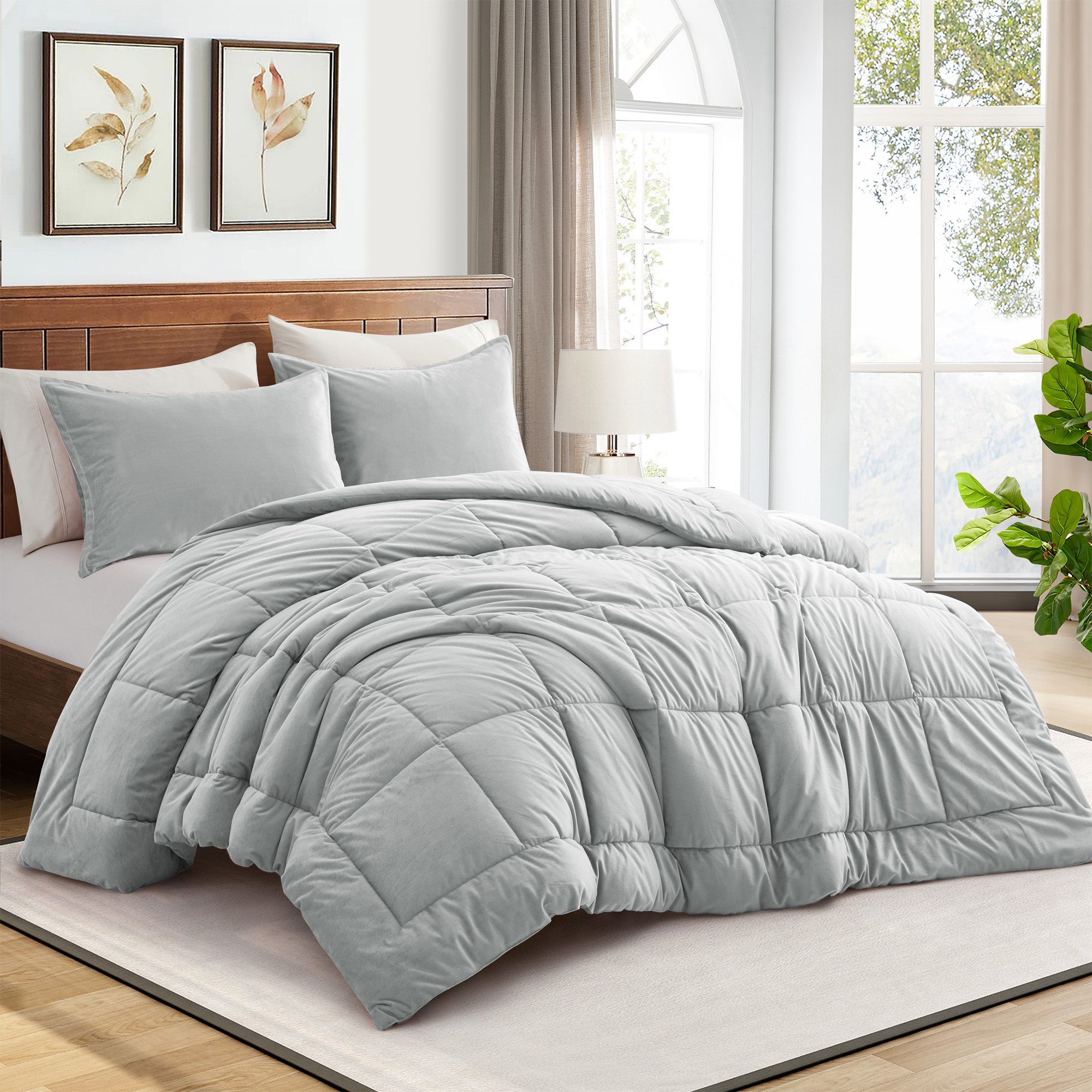 2 Or 3 Pieces Quilted Comforter All Season Down Alternative Reversible Ultra Soft Velet Duvet Insert - Twin Size