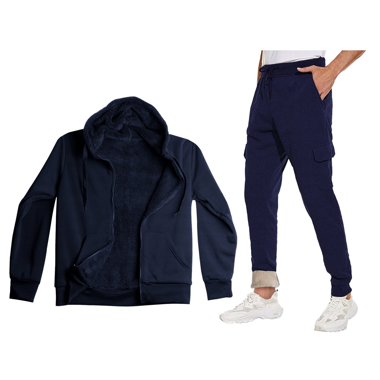 Men's Big & Tall Casual Super Soft Winter Warm Thick Sherpa Lined Sweatsuit Jogger Set - Navy, Small
