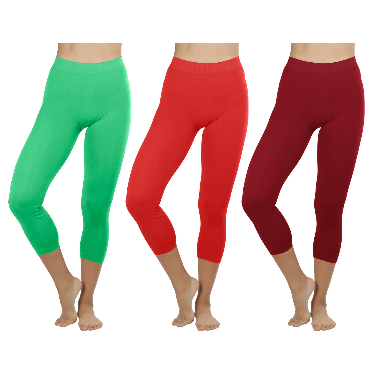 3-Pack: Women's Ultra-Soft High Waisted Smooth Stretch Active Yoga Capri Leggings - Green,red,burgundy, Medium