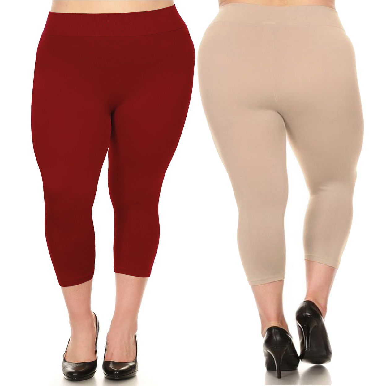 2-Pack: Women's Ultra-Soft High Waisted Smooth Stretch Active Yoga Capri Leggings Plus Size Available - Beige & Red, 2x