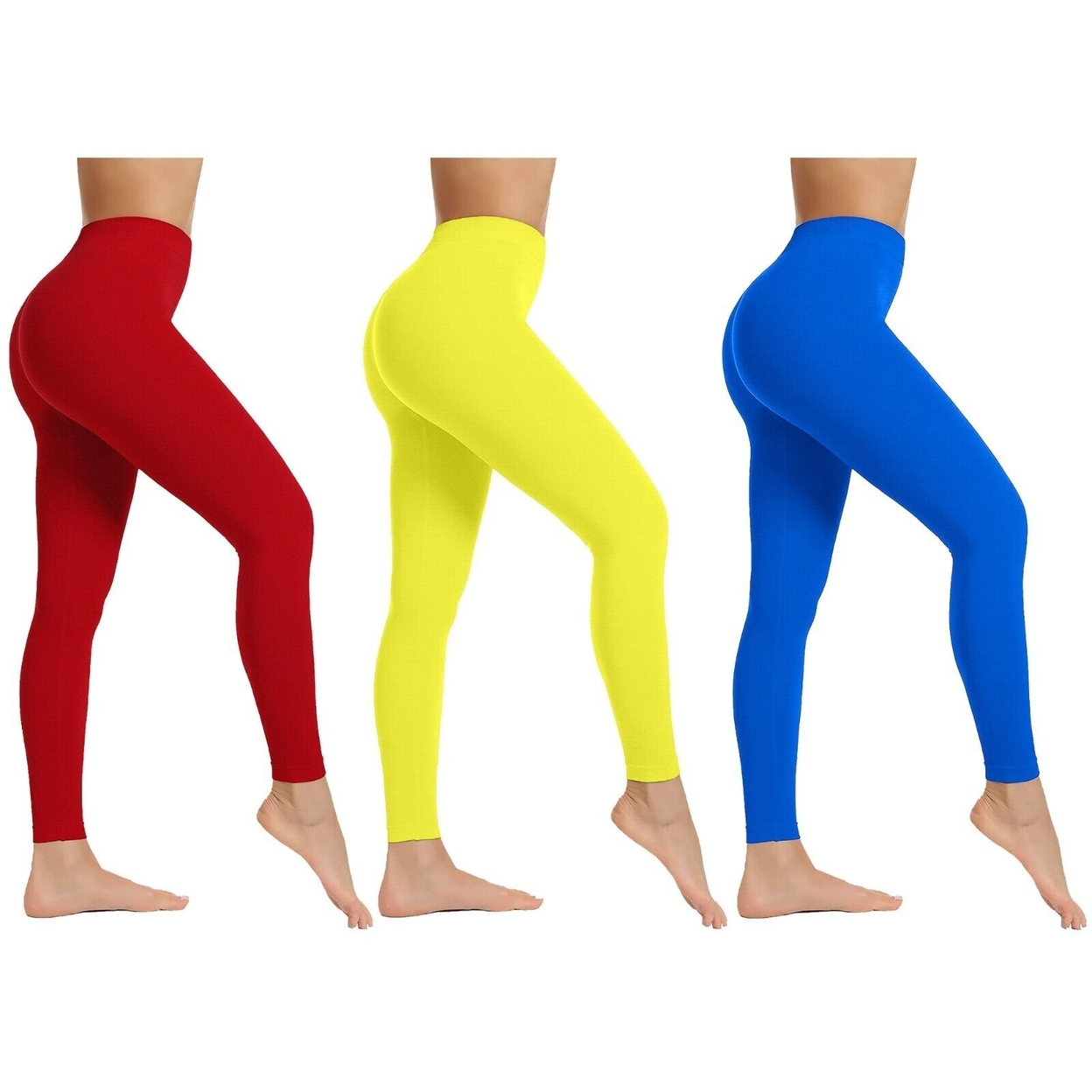 3-Pack: Women's High Waist Super Soft Active Athlete Stretch Yoga Cozy Leggings - Blue,red,yellow, Large