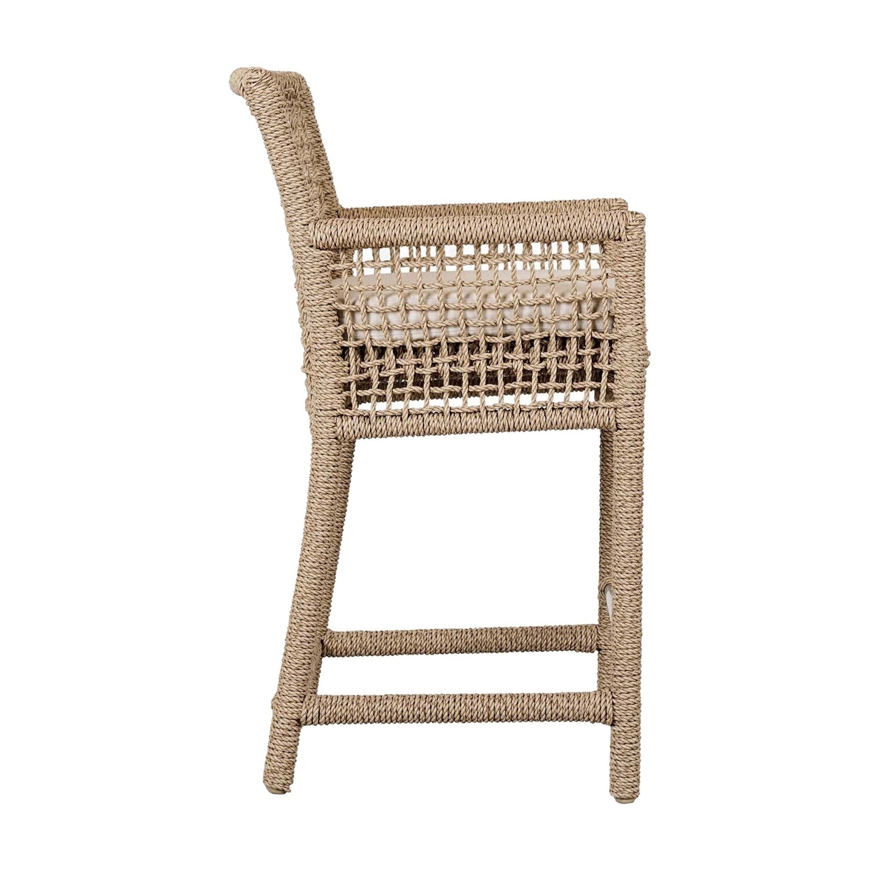 Zev 28 Inch Outdoor Counter Stool Chair, Rope Woven, Ivory Olefin Foam Seat- Saltoro Sherpi