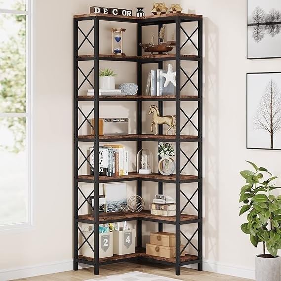 7-Shelf Corner Bookshelf, Large Modern Corner Bookcase, 7-Tier Tall Corner Shelf Storage Display Rack With Metal Frame