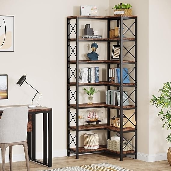 7-Shelf Corner Bookshelf, Large Modern Corner Bookcase, 7-Tier Tall Corner Shelf Storage Display Rack With Metal Frame
