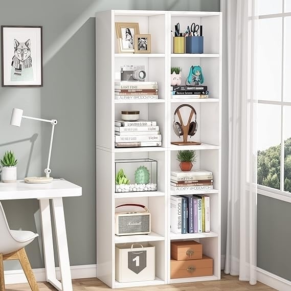 70.9 Tall Narrow Bookcase, Modern White Corner Bookcase With Storage, 6 Tier Cube Display Shelves