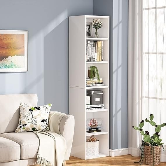 70.9 Tall Narrow Bookcase, Modern White Corner Bookcase With Storage, 6 Tier Cube Display Shelves