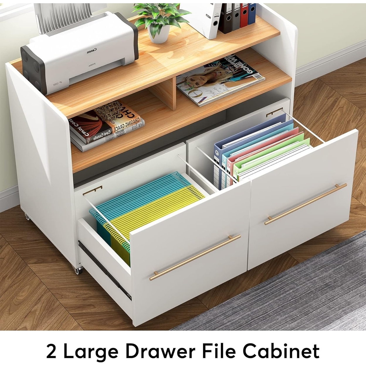 2 Drawer File Cabinet Rolling Filing Cabinets, Printer Stand With Rolling Wheel And Open Storage Shelves