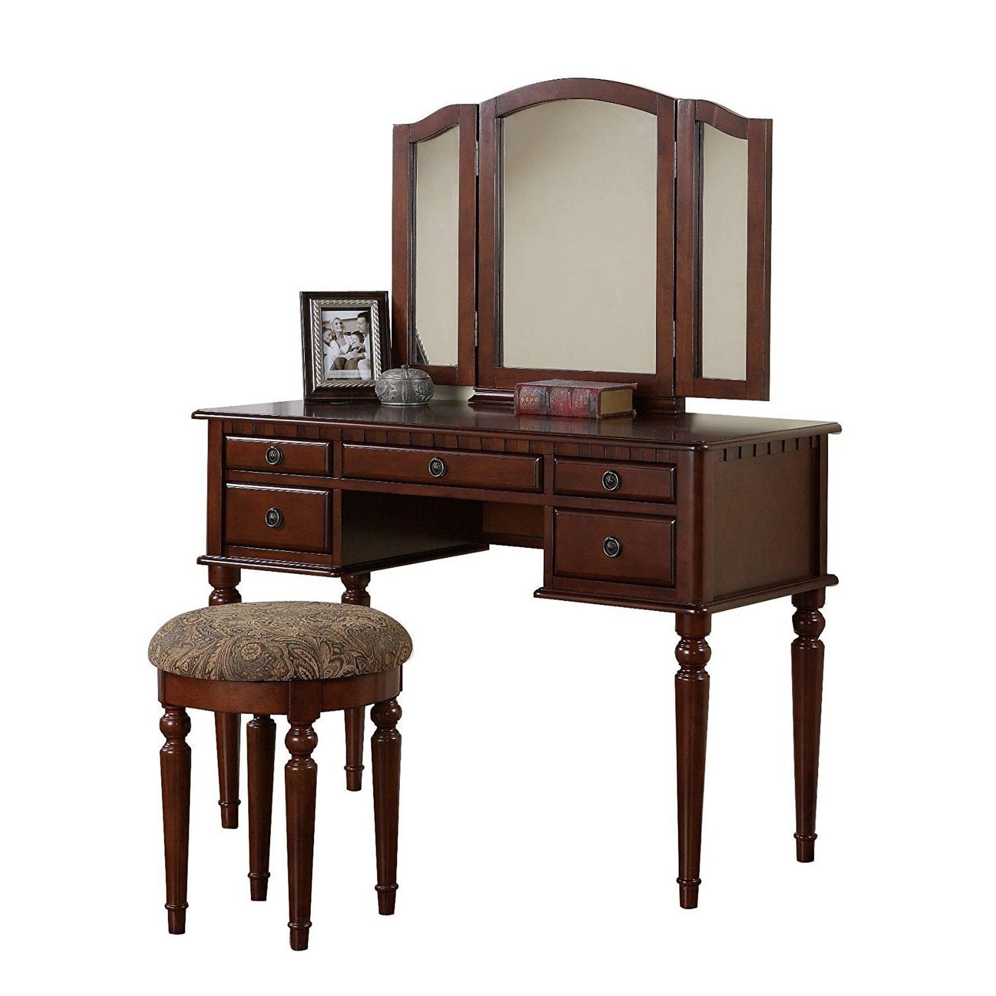 Commodious Vanity Set Featuring Stool And Mirror Cherry Brown - Saltoro Sherpi