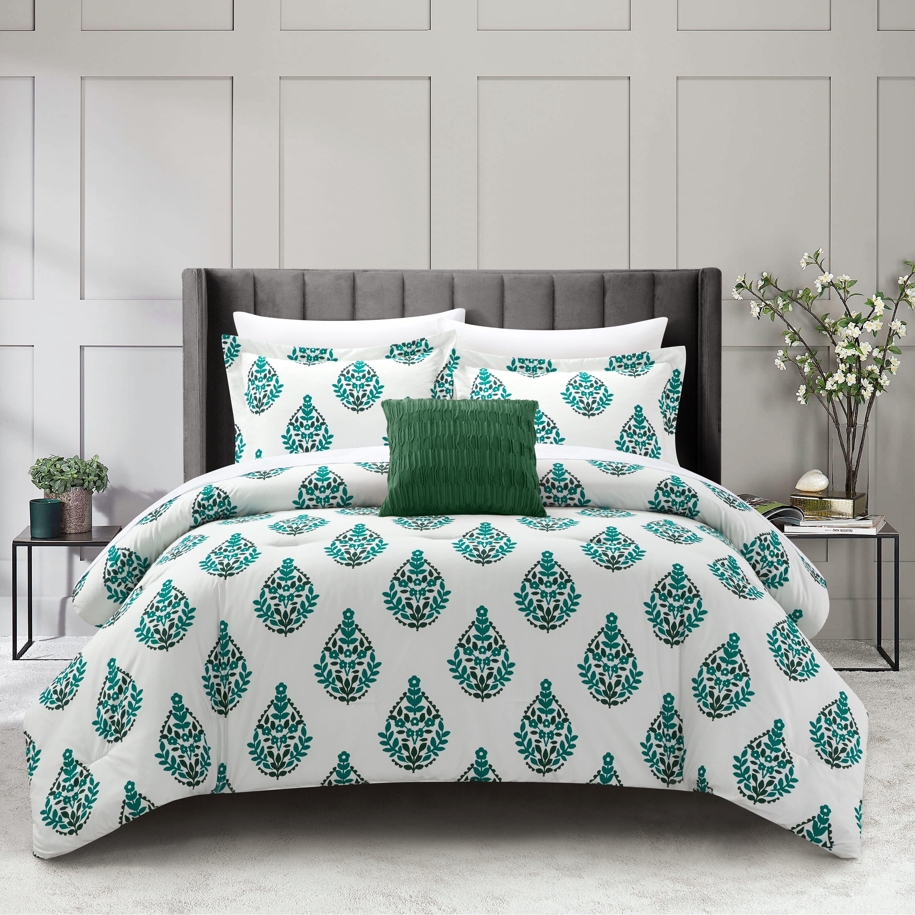Clairessa 4 Or 3 Piece Comforter Set Floral Medallion Print Design Bedding - Green, Queen - 4 Piece
