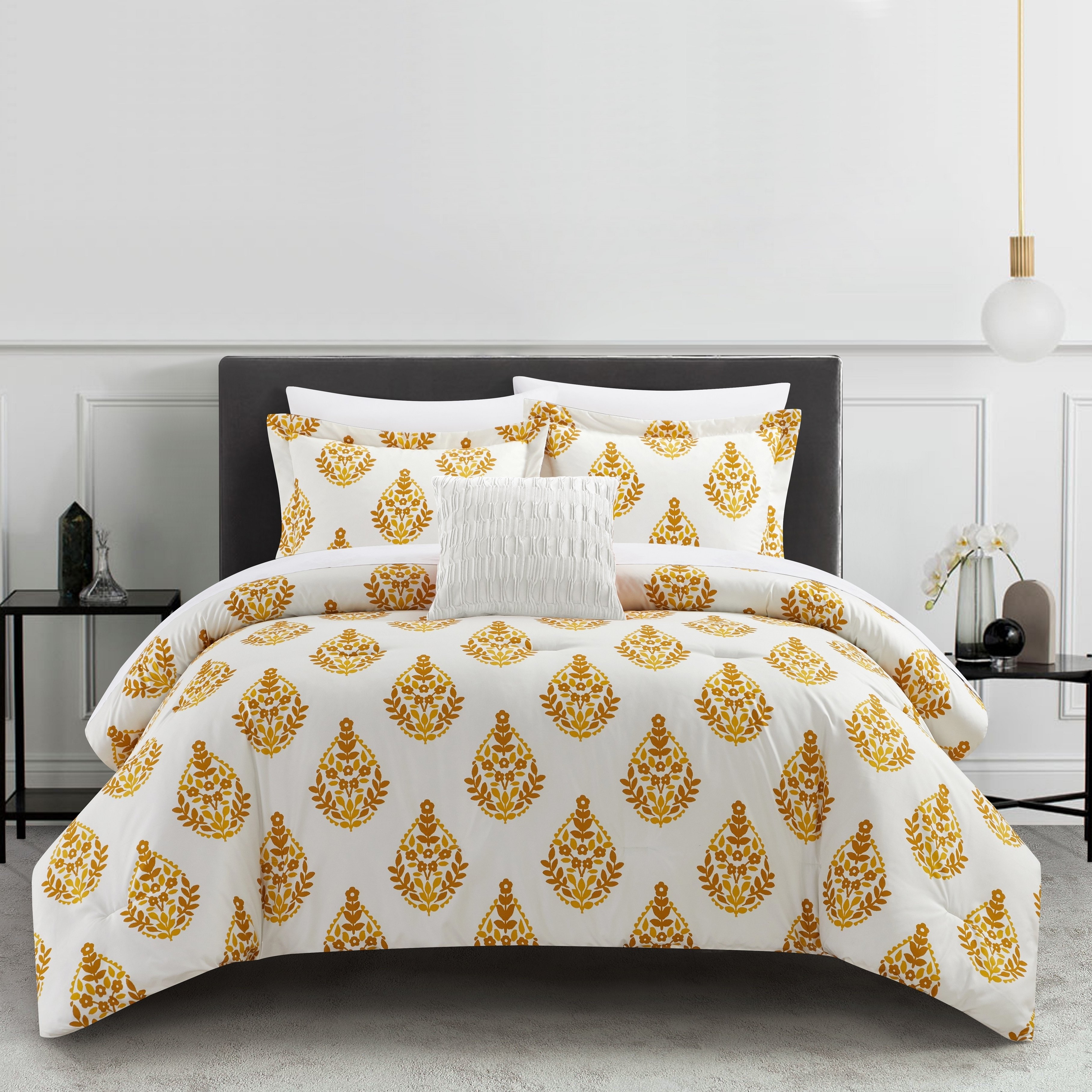 Clairessa 4 Or 3 Piece Comforter Set Floral Medallion Print Design Bedding - Yellow, Queen - 4 Piece