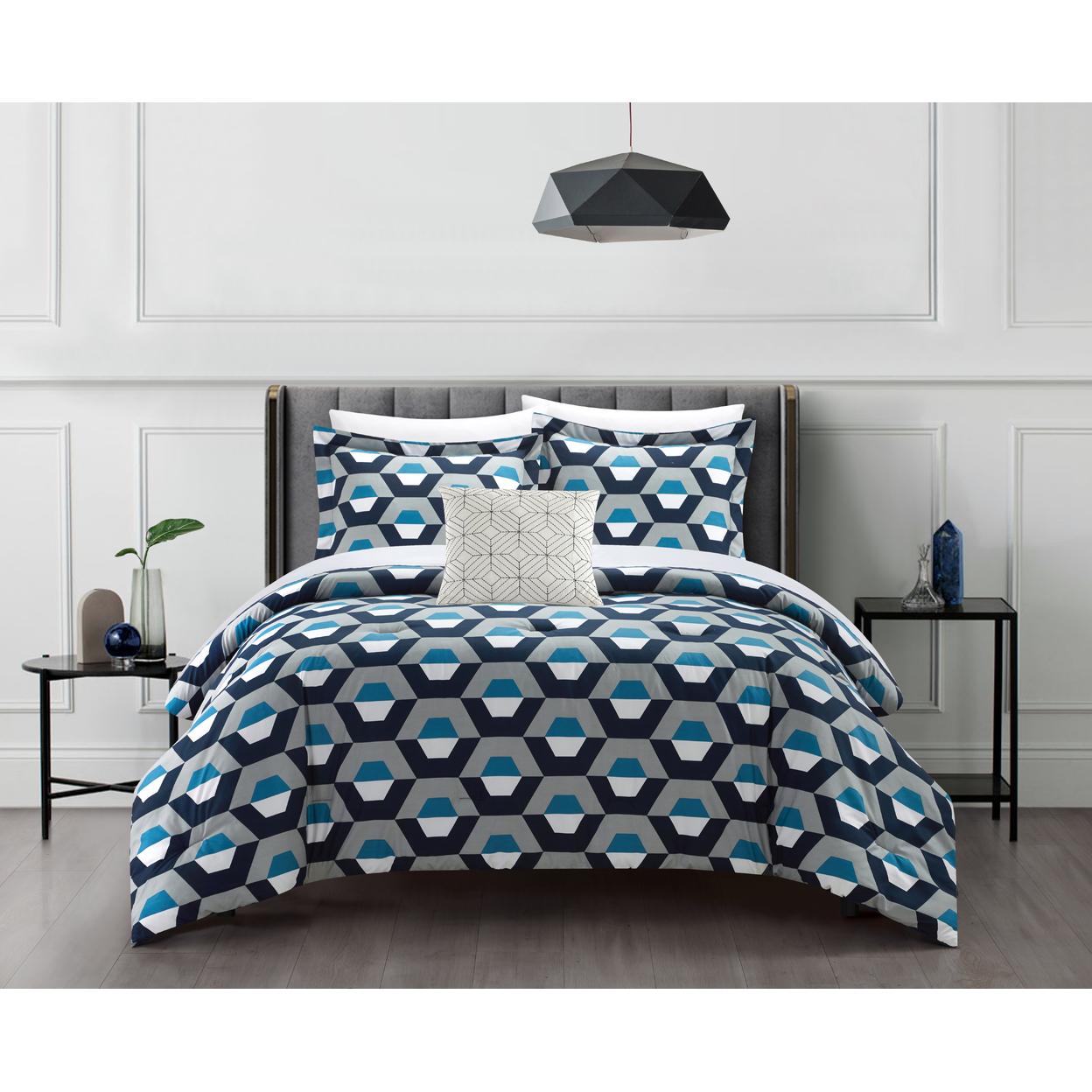 Matheus 4 Or 3 Piece Comforter Set Contemporary Geometric Hexagon Pattern Print Design Bedding - Blue, King - 4 Piece