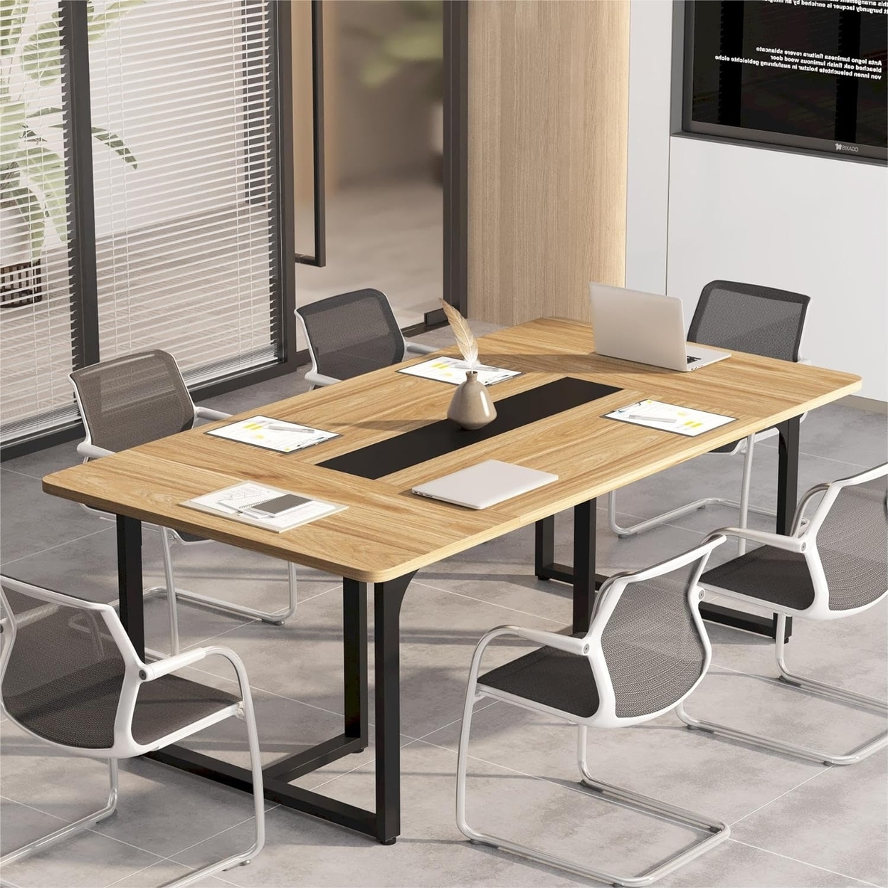 Rectangle Conference Table, Business Style Large Office Conference Room Table Boardroom Desk With Strong Metal Legs - Retro Brown