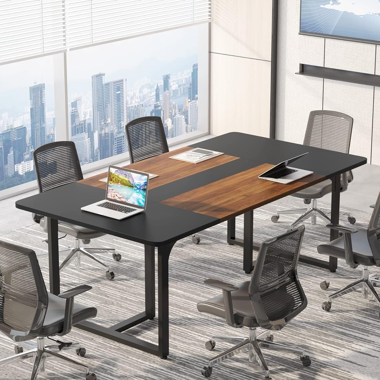 Rectangle Conference Table, Business Style Large Office Conference Room Table Boardroom Desk With Strong Metal Legs - Retro Brown