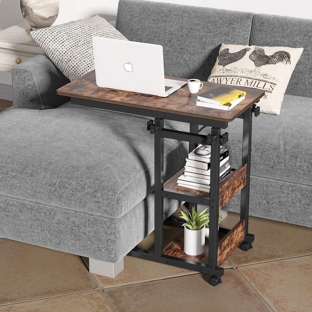 C Table With Storage Shelves And Wheels, Mobile Sofa Side Table End Table Snack Table