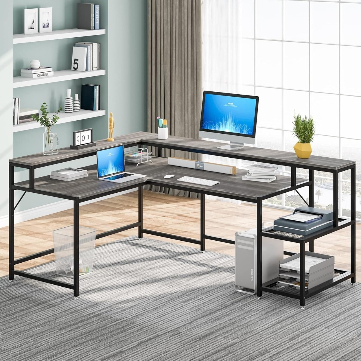 69 L Shaped Computer Desk With Monitor Stand, Large Reversible Corner Desk With Storage Shelf