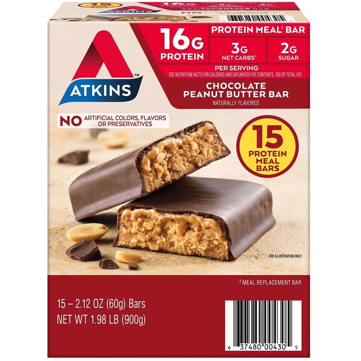Atkins Chocolate Peanut Butter Meal Bars, High Fiber, 16g Of Protein (15 Count)