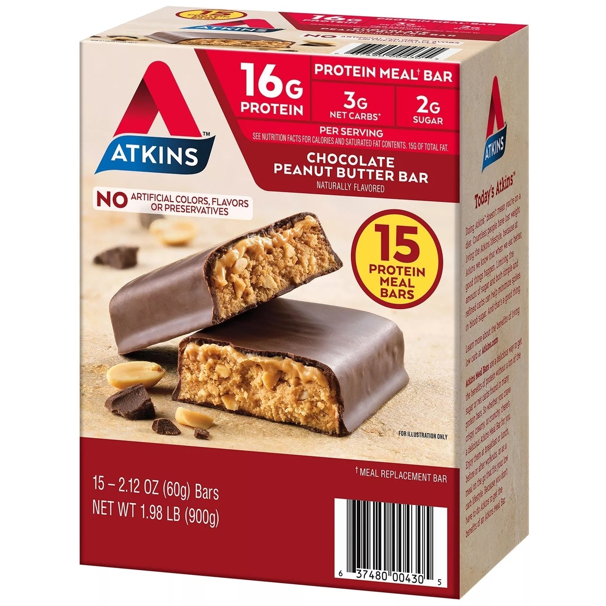 Atkins Chocolate Peanut Butter Meal Bars, High Fiber, 16g Of Protein (15 Count)