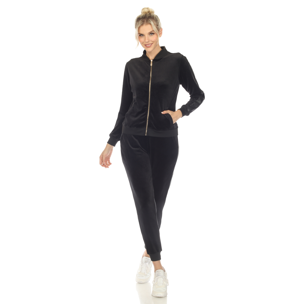 White Mark Women's 2-Piece Velour Tracksuit Set With Faux Leather Stripe - Black, Small