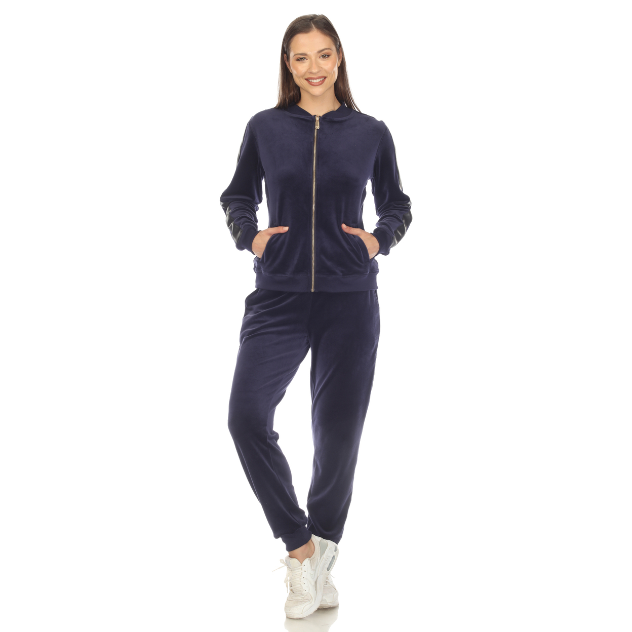 White Mark Women's 2-Piece Velour Tracksuit Set With Faux Leather Stripe - Navy, Small