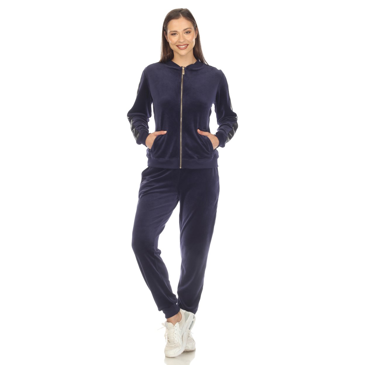 White Mark Women's 2-Piece Velour Tracksuit Set With Faux Leather Stripe - Navy, X-large