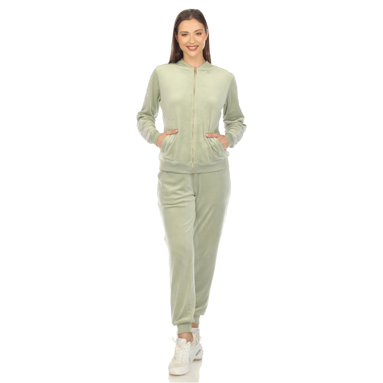 White Mark Women's 2-Piece Velour Tracksuit Set With Faux Leather Stripe - Sage, Large