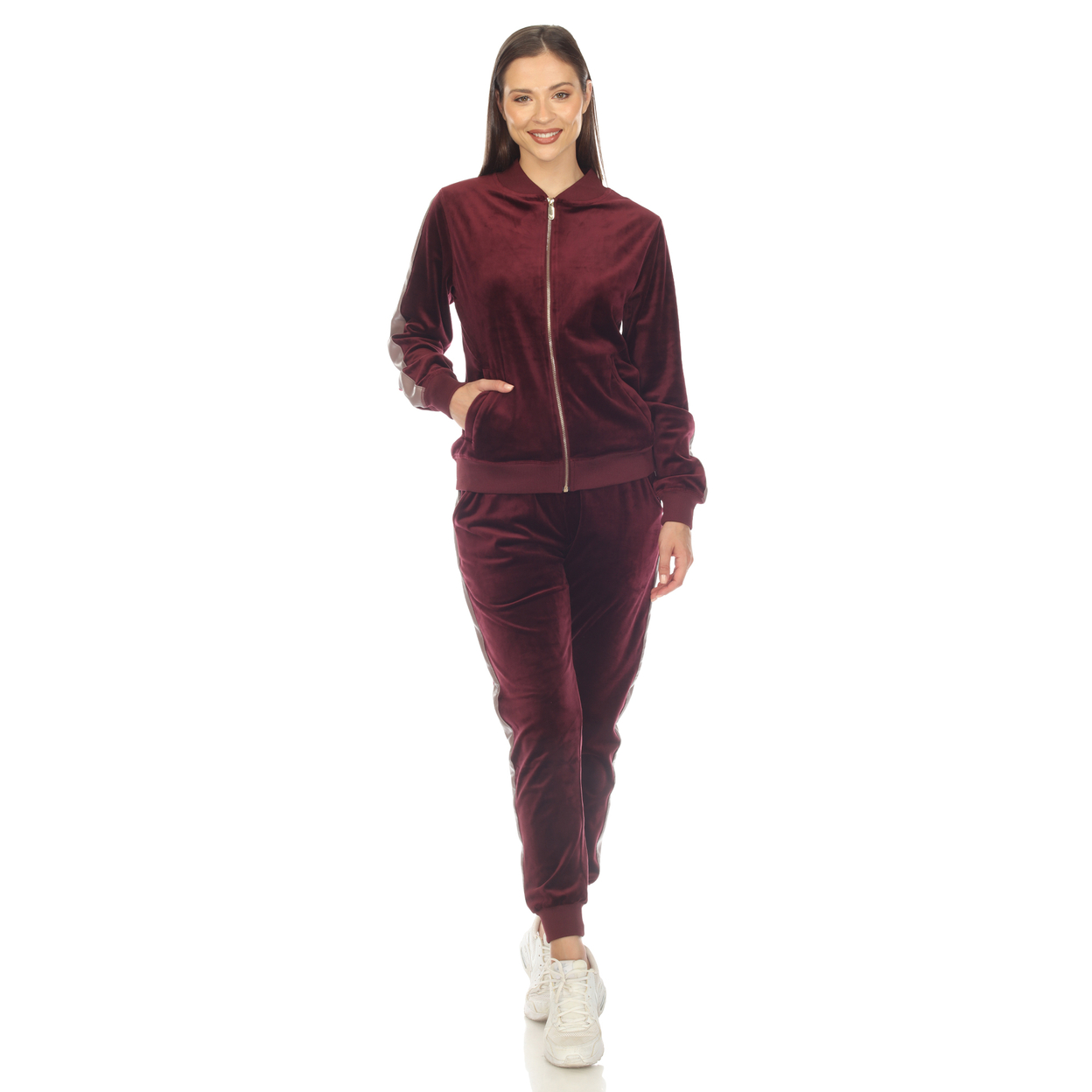 White Mark Women's 2-Piece Velour Tracksuit Set With Faux Leather Stripe - Burgundy, Large