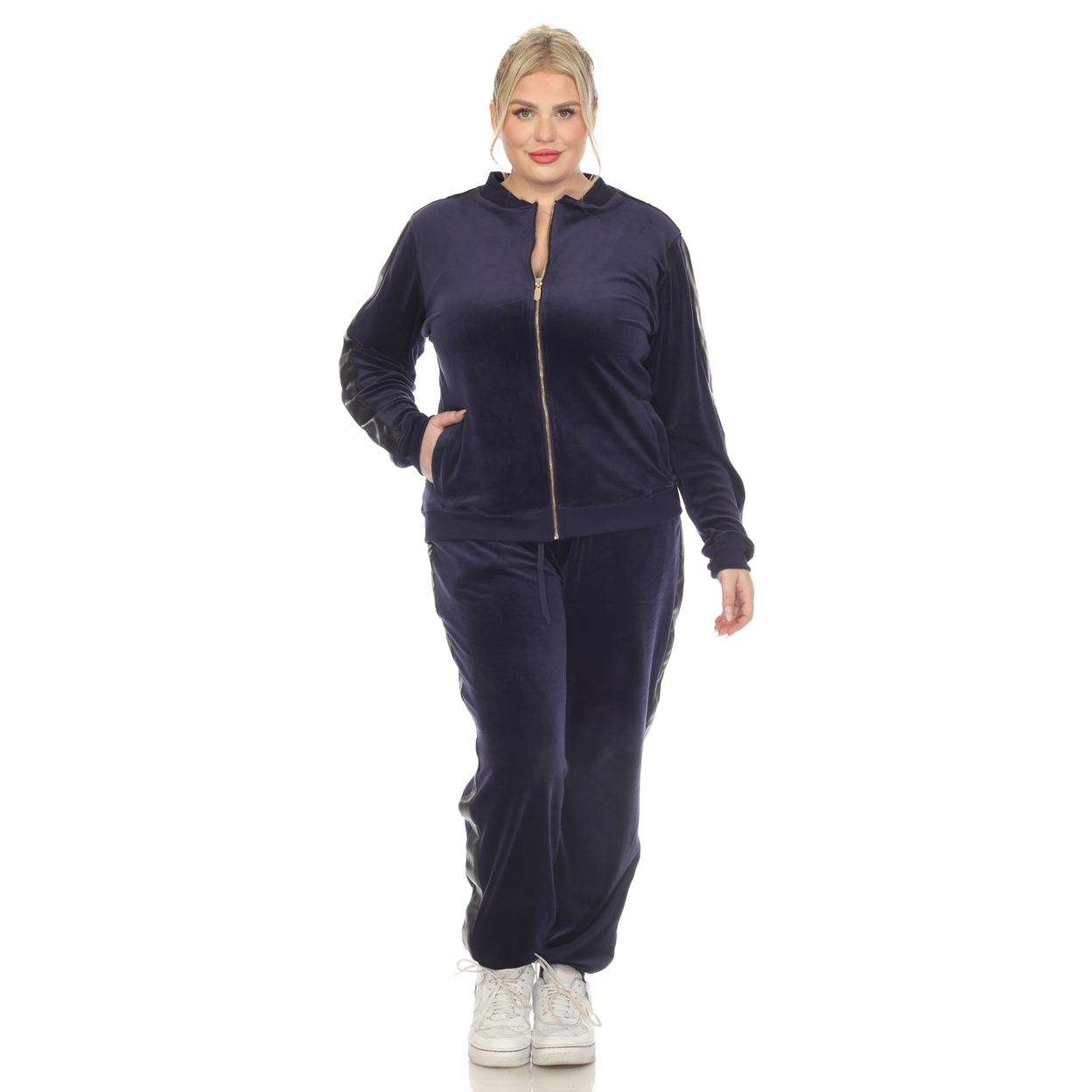 White Mark Women's 2-Piece Velour Tracksuit Set With Faux Leather Stripe - Navy, 3x