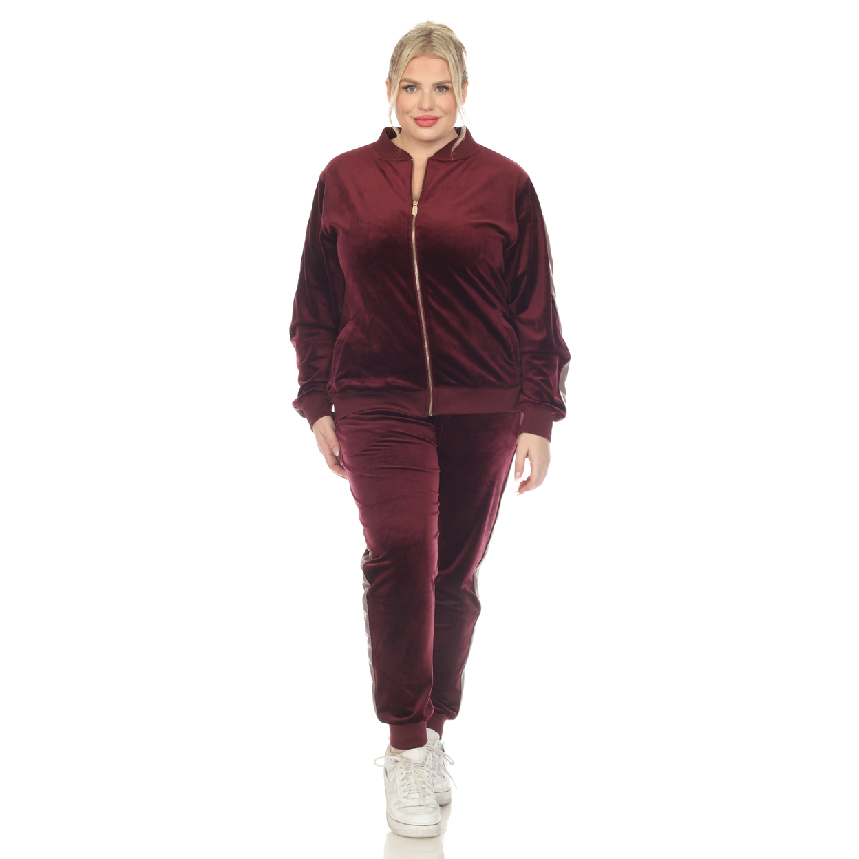 White Mark Women's 2-Piece Velour Tracksuit Set With Faux Leather Stripe - Burgundy, 3x