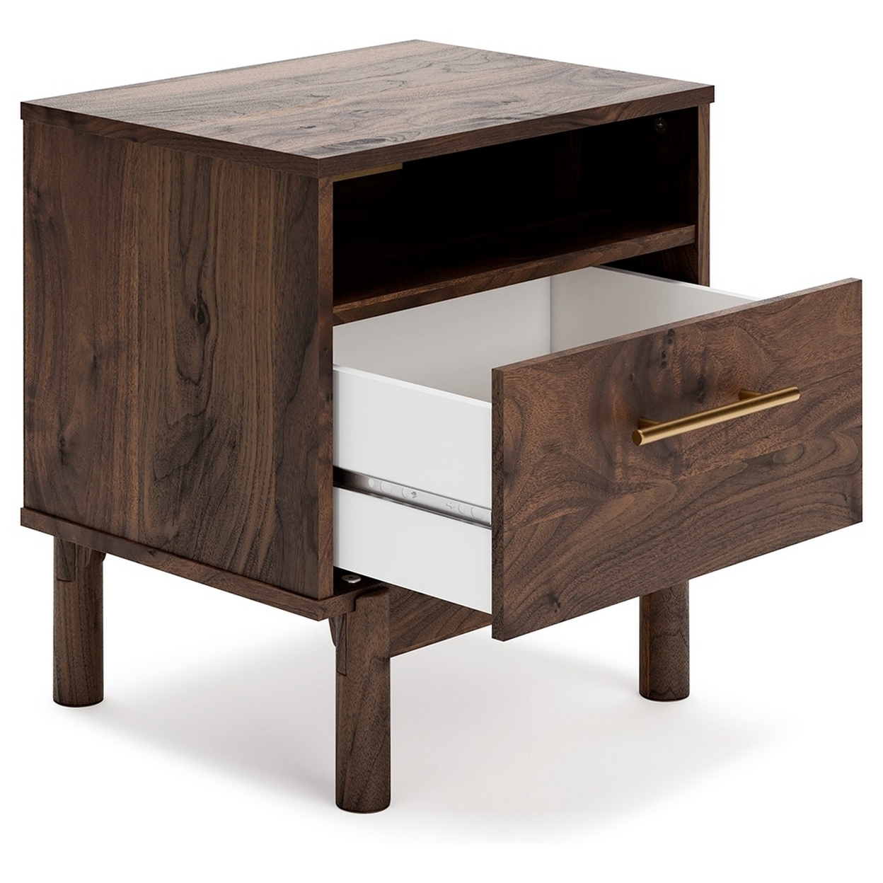 Cora 21 Inch Modern Wood Nightstand, 1 Drawer, Metal Bar, Brown And Gold- Saltoro Sherpi