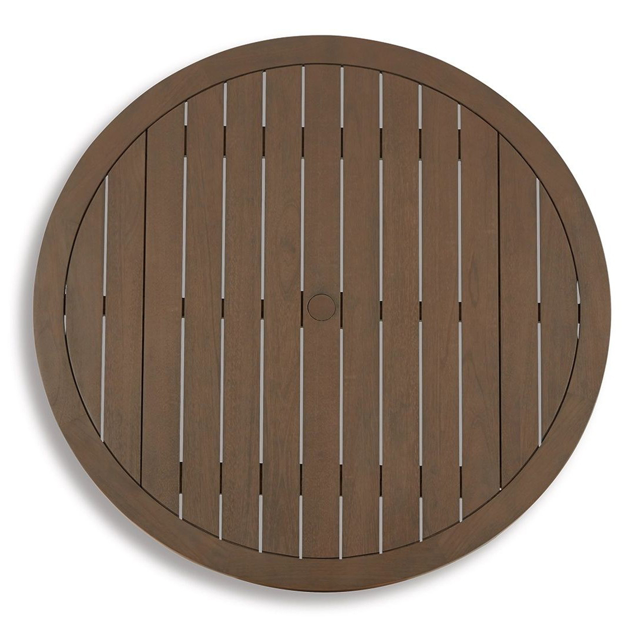 46 Inch Outdoor Round Dining Table, Umbrella Hole, Slatted Tabletop, Brown- Saltoro Sherpi