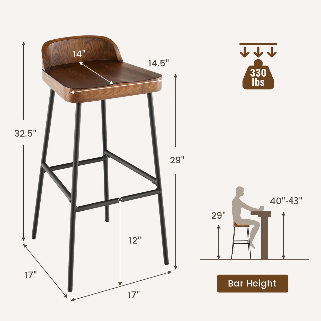 Industrial 29'' Bar Stool Bar Height Saddle Seat Kitchen Stool W/ Low Back