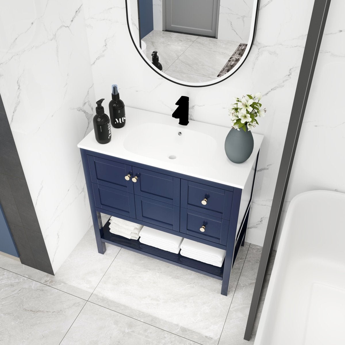 ExBrite 36x18 Bathroom Vanity With Soft Close Drawers And Gel Basin Blue