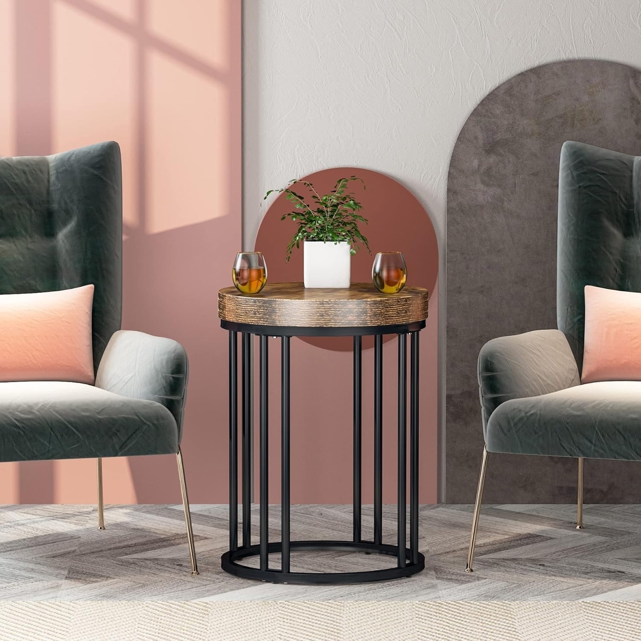 Round End Table, Modern Side Small Accent Nightstand With Metal Frame, Wooden Circle C Bedside