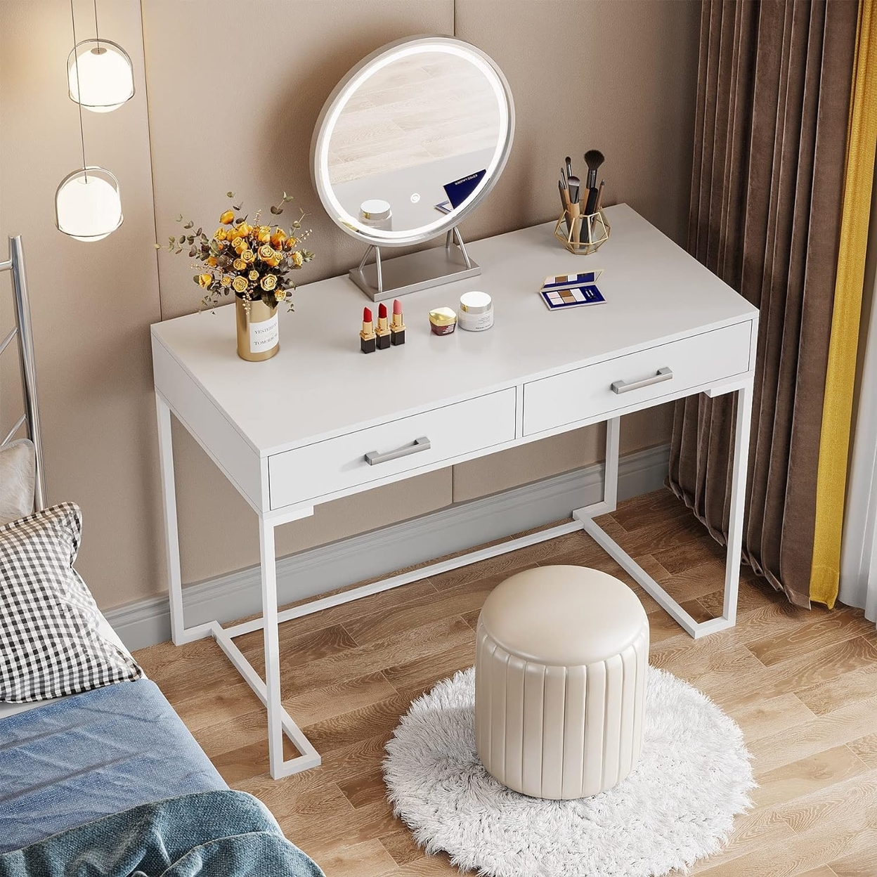 Vanity Desk With 2 Drawers, White And Gold Small Makeup Vanity, Modern Vanity Table Dressing Desk
