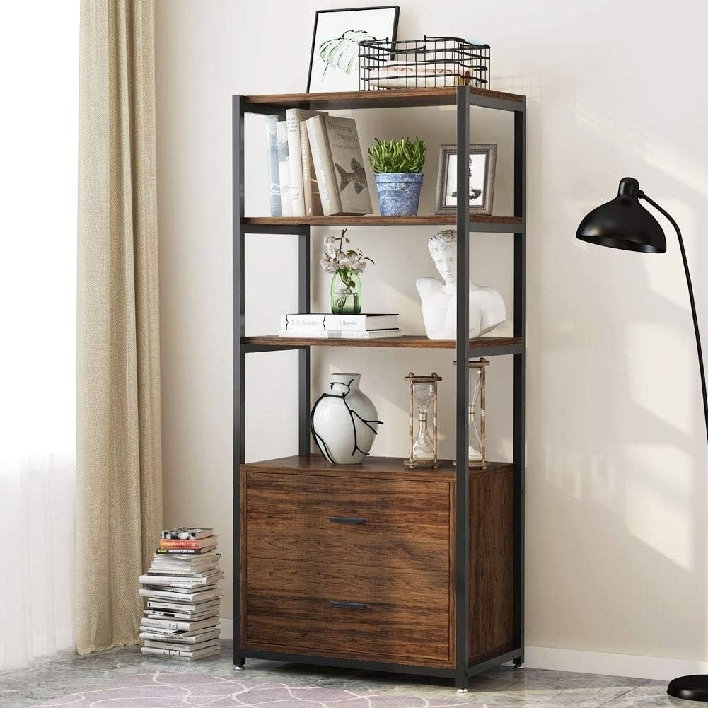 Bookcase, 4-Tier Bookshelf With 2 Drawers, Etagere Standard Book Shelves Display Shelf - Rustic