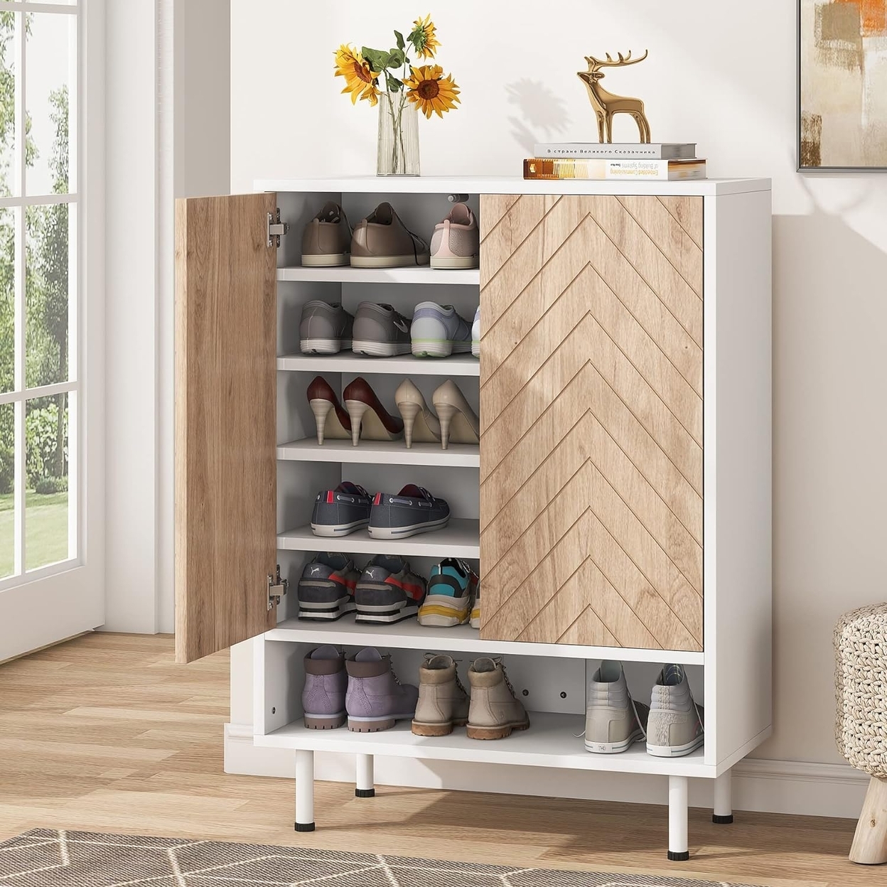 Shoe Cabinet, 18 Pair Rack Organizer Cabinet With Door, 6-Tier Modern Storage Shelves - White + Brown
