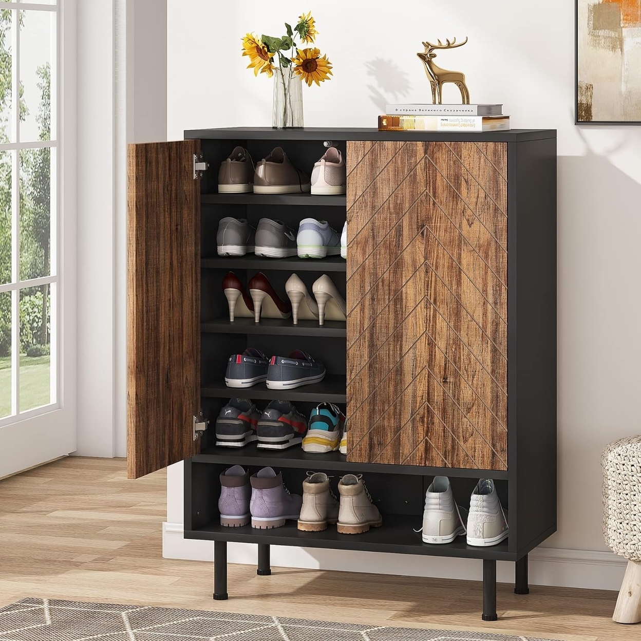 Shoe Cabinet, 18 Pair Rack Organizer Cabinet With Door, 6-Tier Modern Storage Shelves - Black + Brown